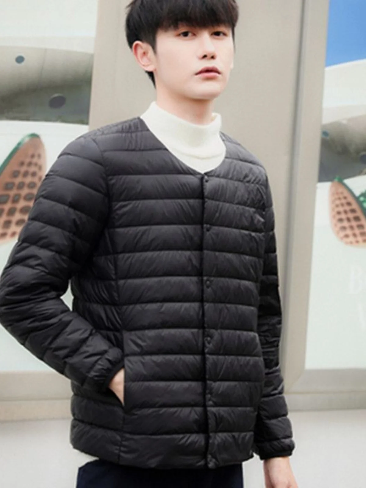 Men's Cotton Jacket round Neck Long Sleeve Workwear Large Size Dad Coat Inner Stripe Design Casual Loose Fit Spring Outerwear