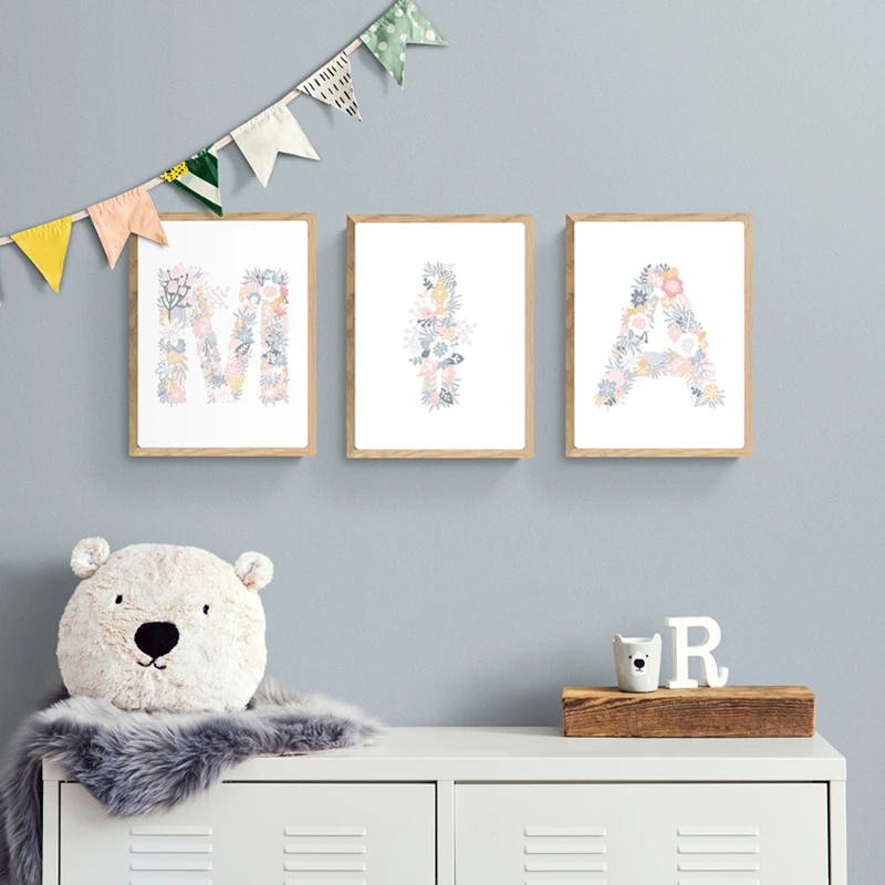 1PC frameless Floral Alphabet Letters Unicorn Wall Art Canvas Posters And Prints For Pink Nursery Kids Baby Room Decor Aesthetic