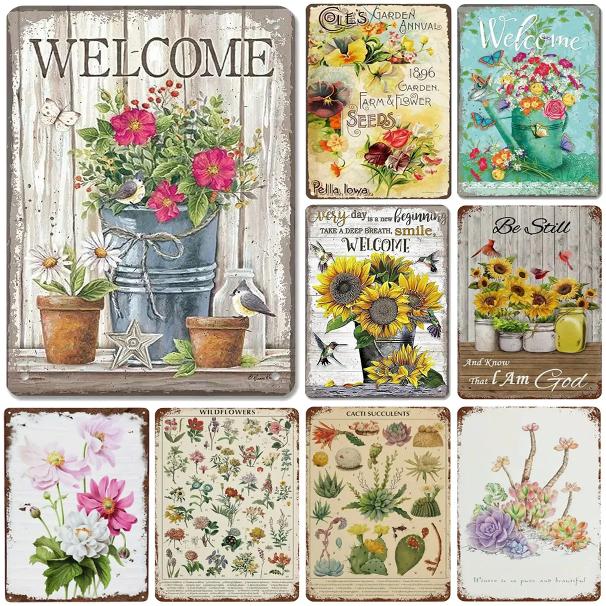 Welcome Metal Tin Signs Flowers Wall Decoration Plaque Vintage Art Poster Iron Painting for Man Cave Home Cafe Garden Club Bar
