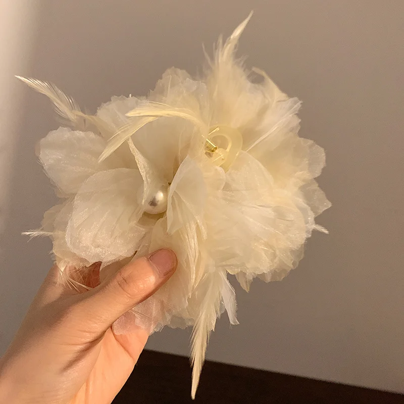 Pince à cheveux plume et perle pour filles, fleur, fermoir, dos féminin, cerveau, cuillère, accessoire, requin