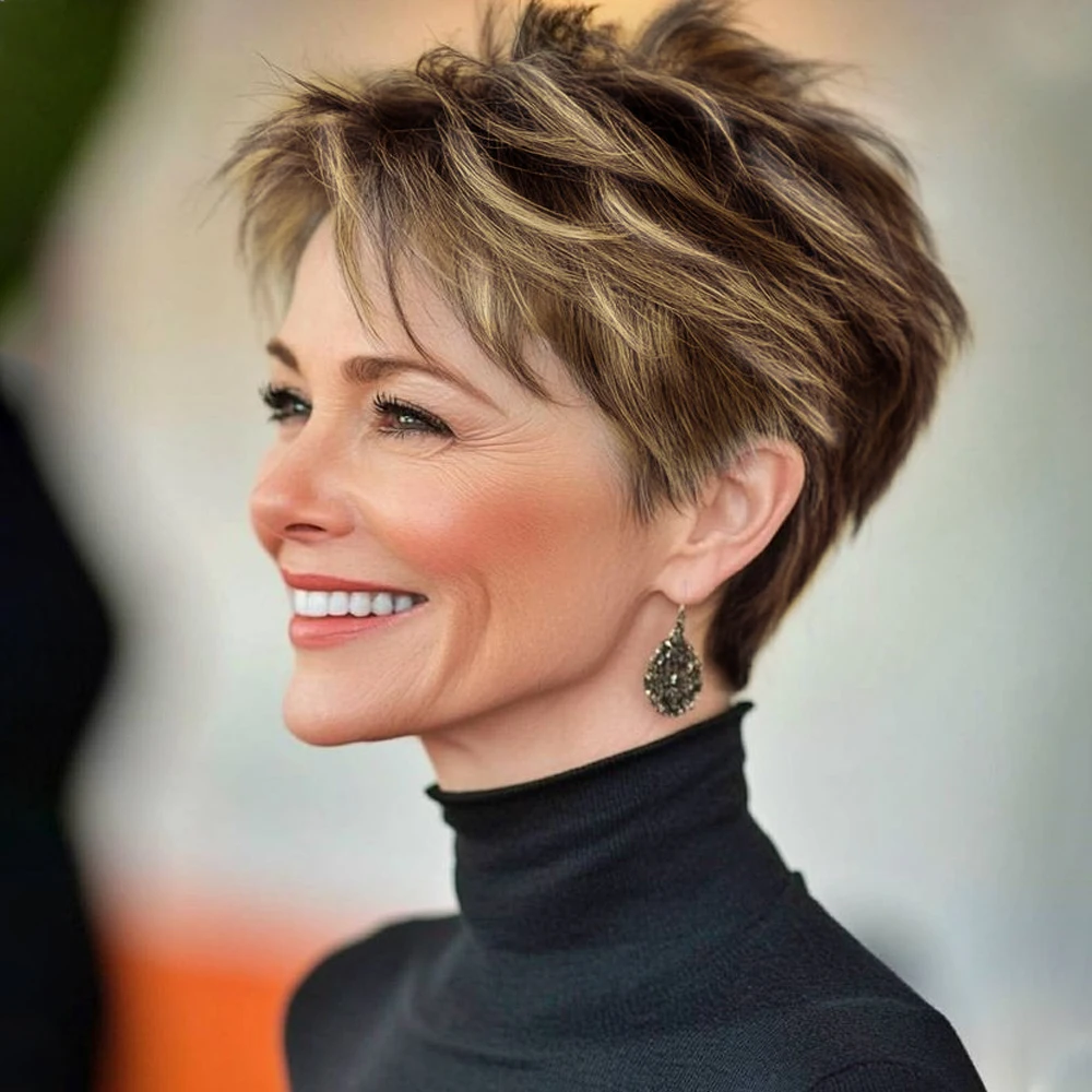 

Короткий коричневый парик с золотистыми прядями из натуральных волос, машинной работы, в стиле пикси, для чернокожих женщин