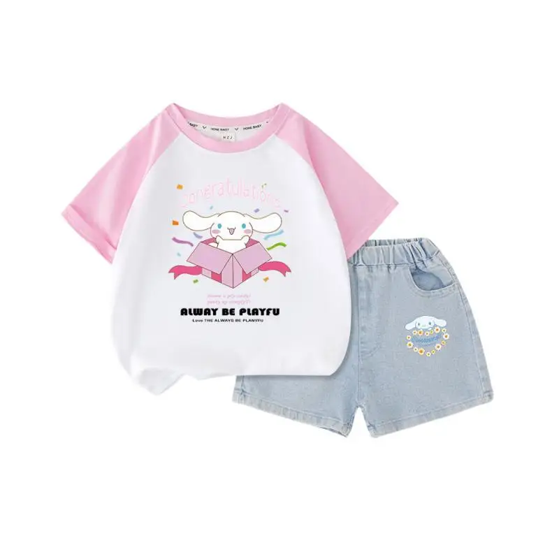 Kawaii Sanrios Cinnamoroll Kuromi Anime Cotton Kids Sportswear Set Outdoor Girls Babys Shorts Short Sleeves Suit Childs Clothes