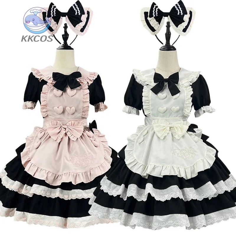

S-5XL Back Pink/Beige Maid Outfit Lolita Cute Sweet Girl Princess Dress Women Gorgeous Apron Dress with Headband Servant Dress