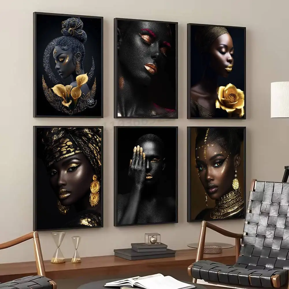 Black Skin Woman Golden Makeup Posters Living Room Bar Cafe Quality Canvas Vintage Style Comics Painting Art Home Wall Decor