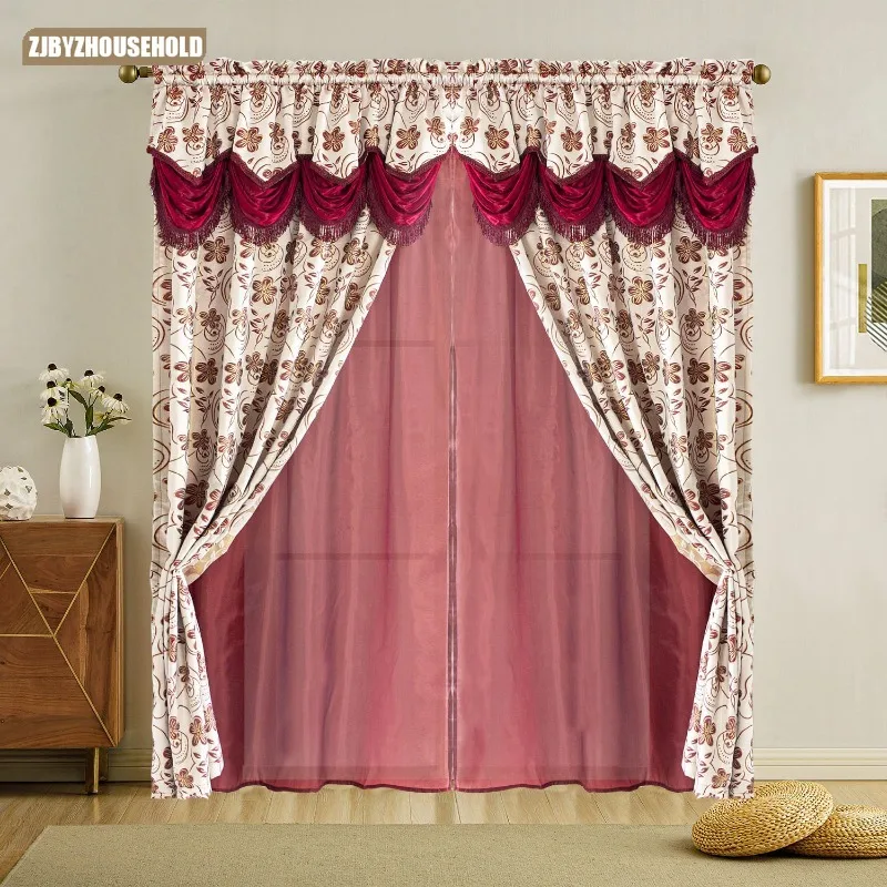 

Finished Curtains European and American Style Wine Red Jacquard Thickened Fabric Curtains for Living Dining Room Bedroom