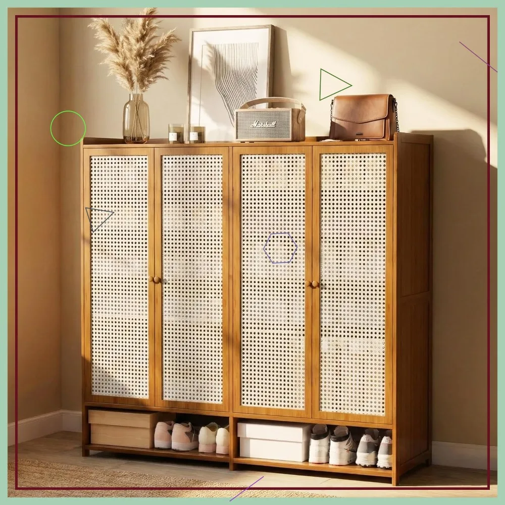 Upgraded Rattan Shoe Cabinet with Doors, 8-Tier Storage for 39 Pairs, Boho Farmhouse Style for Hallway Living Room Closet