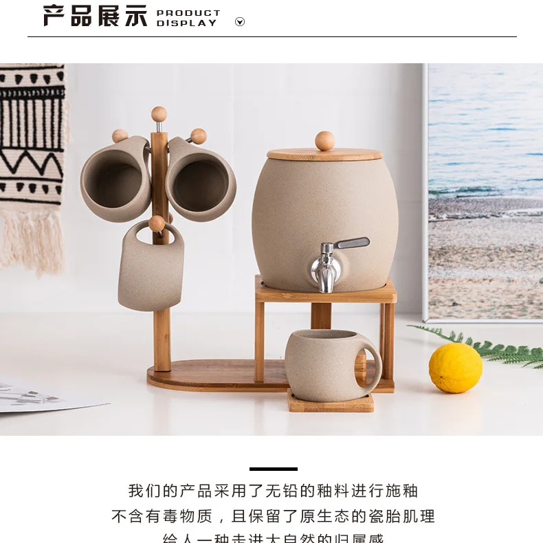 Nordic Creative Large Capacity Ceramic Cup Set, White Porcelain Water Pitcher with Copper Faucet for Juice Beverage