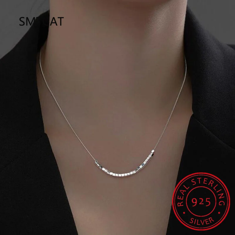 925 Sterling Silver Slide Block Sparkling Necklace Basic Chain Link Simple Fine Jewelry For Women Valentine's Day Gift