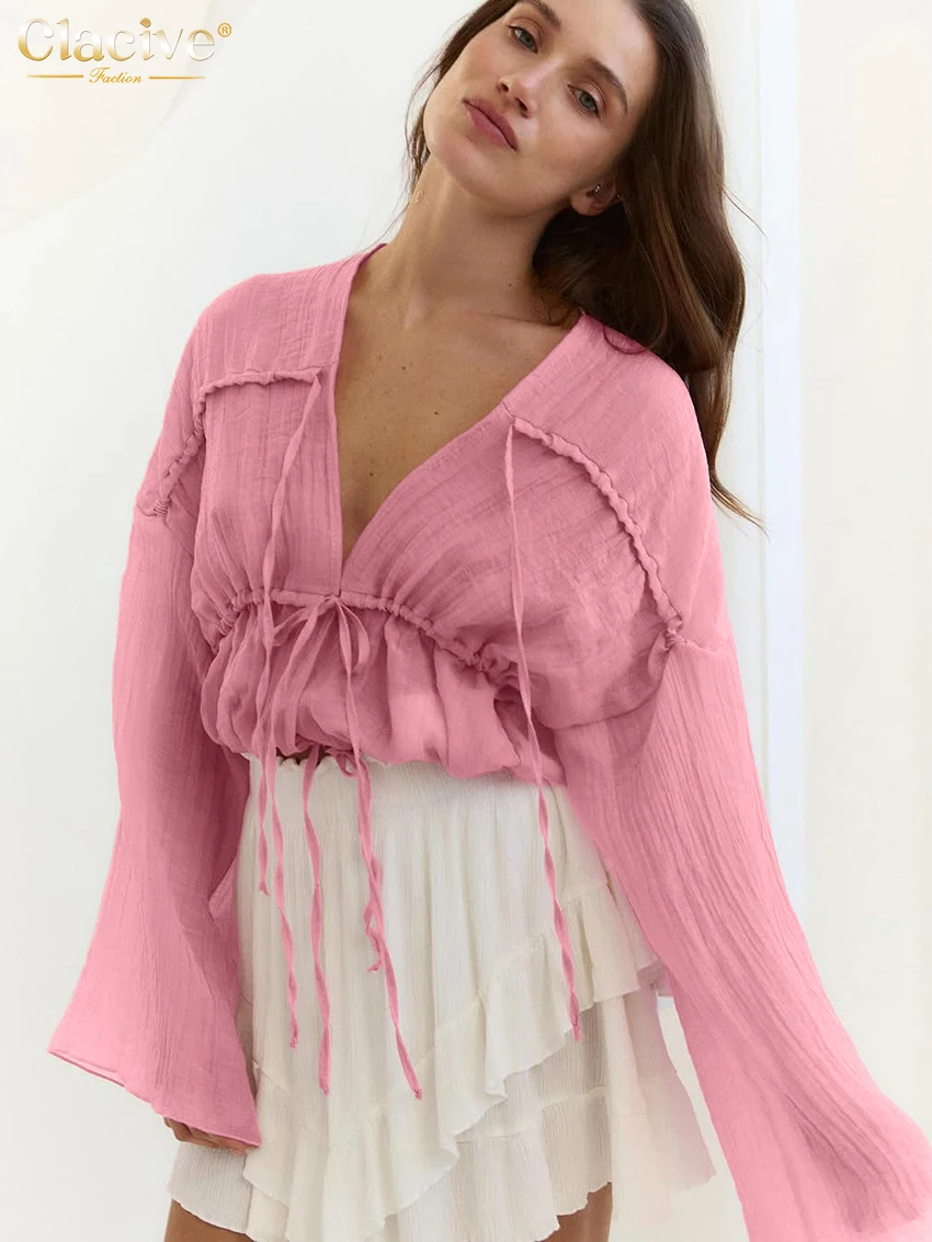 Clacive Fashion Loose Pink Women's Shirt 2025 Sexy V-Neck Long Sleeve Shirts Elegant Classic Lace-Up Solid Tops Female Clothing