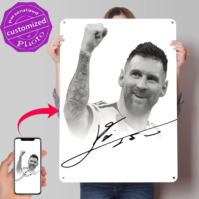 Lionel Messi Portrait With Signature Personalized 3D Textured Metal Poster Wall Art Vintage Tin Signs for Home Decoration Gaming