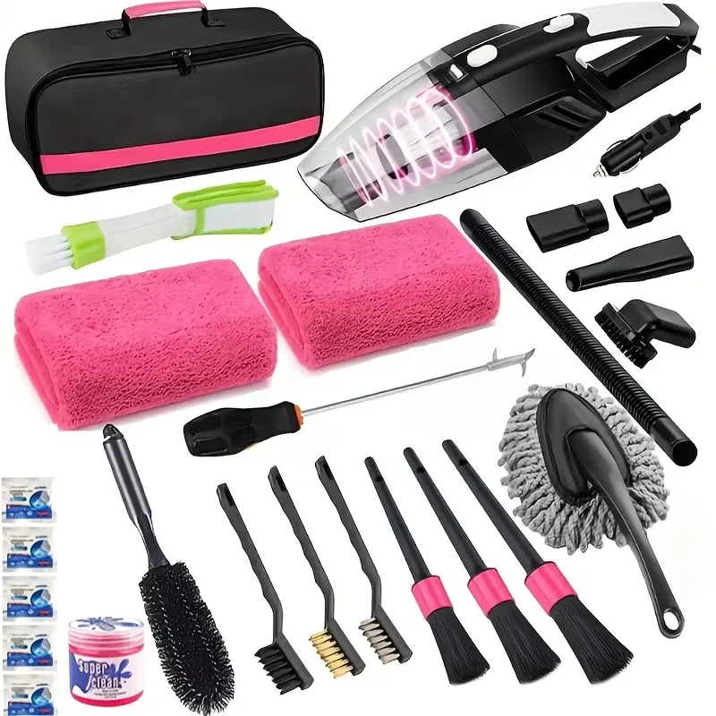 25-Piece Clean Car Wash Kit, Interior Cleaning Kit with High Power Vacuum Cleaner, Windshield Cleaning Kit, Gel Tire Brush,