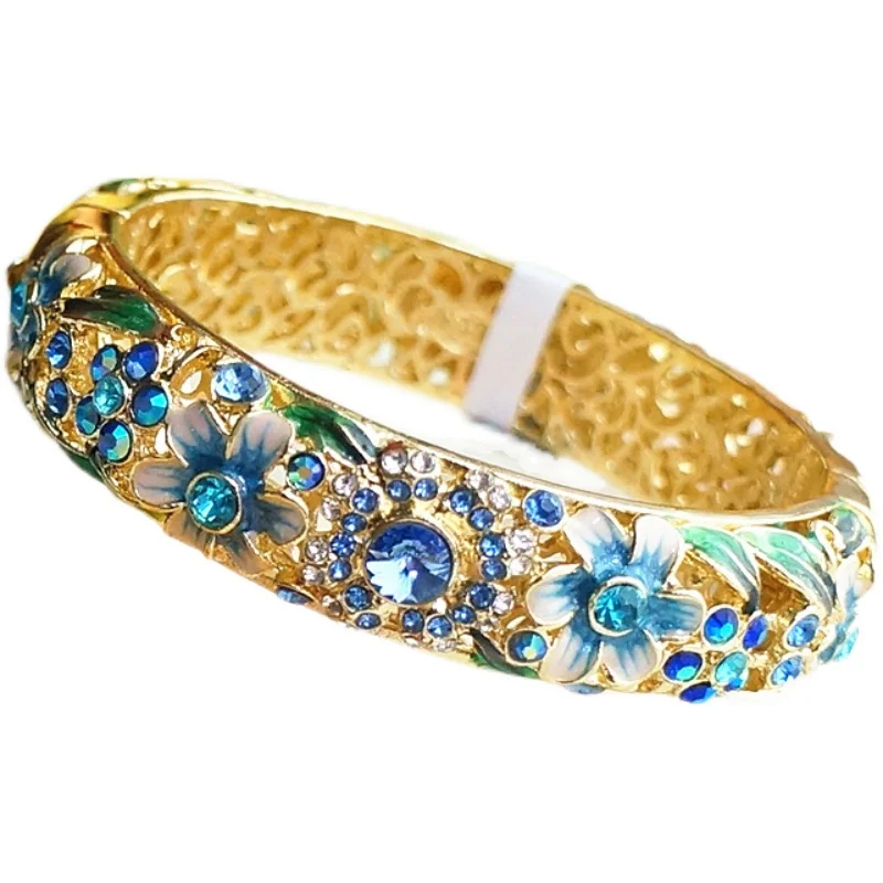 

Vintage Flower Rhinestone Big Enamel Bracelets High End Hollow Women Jewelry Gilding Cuff Buckle Cloisonne Bangles Birthday Gift