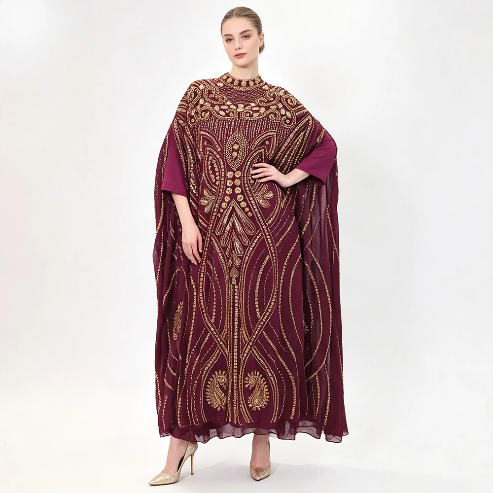 2-Piece Embroidered Kaftan Abaya Set with Inner Dress Women Dubai Jalabiya Gold Floral Long Sleeve Maxi Muslim Dress Eid Ramadan