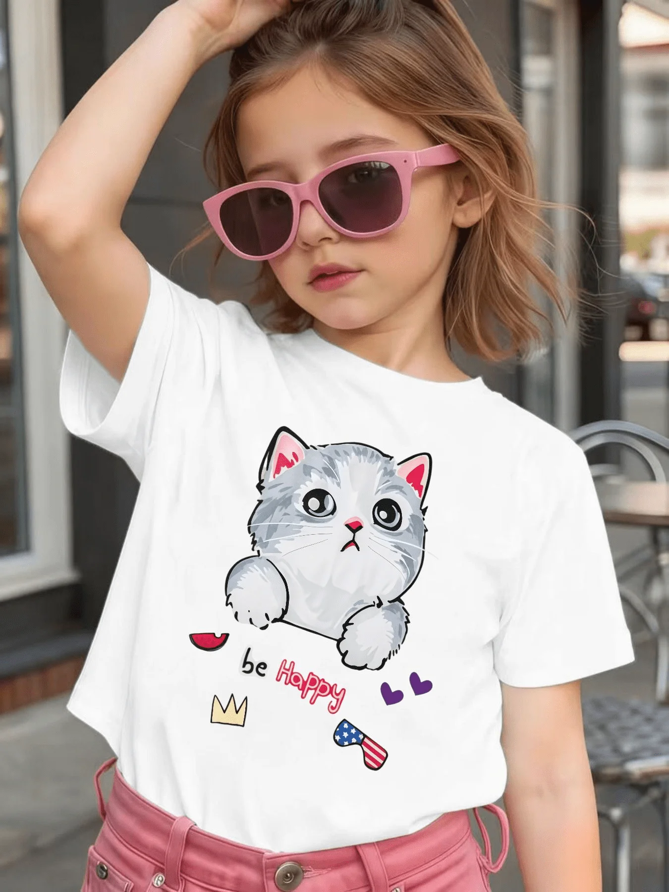 Parent Child Tee Cute White Cat Be Happy Crown Heart Cartoon Print Boys Girls Soft Short Sleeve Daily Casual Family Matching Top
