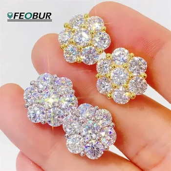 FEOBUR 7ct 14 หิน Full Moissanite ต่างหู 925 เงินสเตอร์ลิงดอกไม้รูปร่างเพชรต่างหูเครื่องประดับงานแต่งงาน