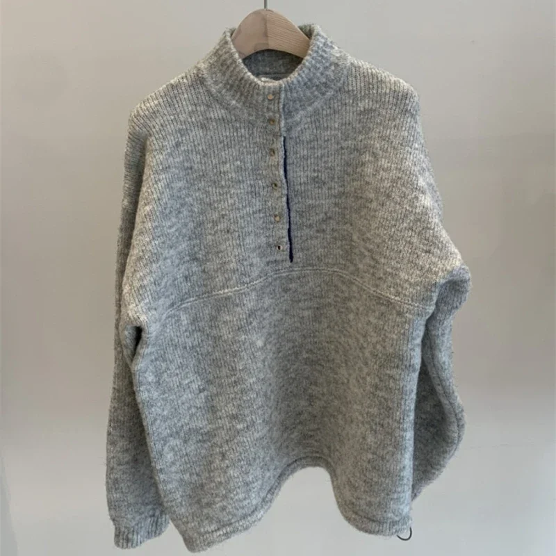 

Korean Contrasting Stand Collar Sweater Women Autumn and Winter Long-sleeved Pullover Loose Casual Metal Concealed Button Top