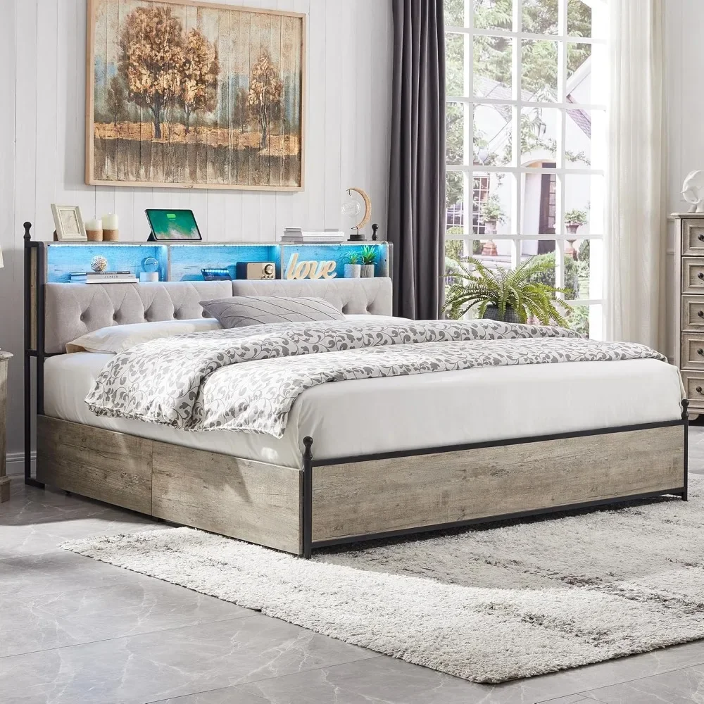 

Queen Bed Frame with Upholstered Headboard Storage Drawers, Charging Station and LED, No Box Spring Needed，Bed Frame