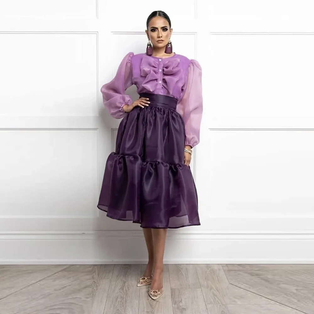 Modest Dark Purple Knee Length Women Organza Skirts Back Zipper Pleated A-line Female Mid Skirt Office Lady Skirt