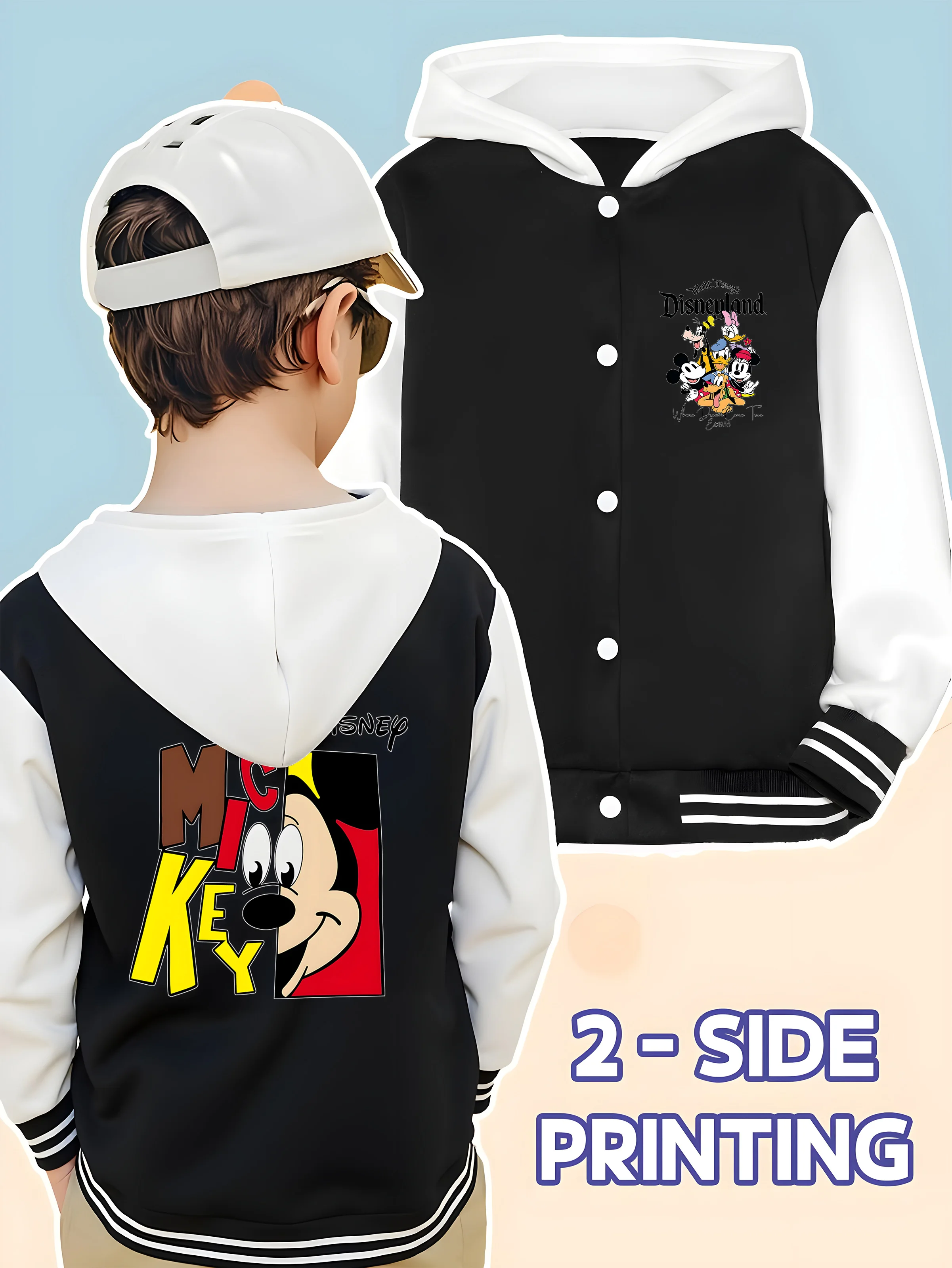 MINISO Disney co-branded Mickey Mouse lettered baseball jacket for kids - Mickey Mouse on both sides, versatile and casual