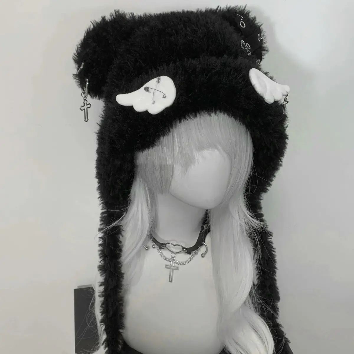 Y2k Subcuuture Hat Cat Ear Angel Wing Cross Decoration Gothic Punk Fluffy Autumn Keep Warm Scarf Beanie Warm Knitted Fluffy Cap