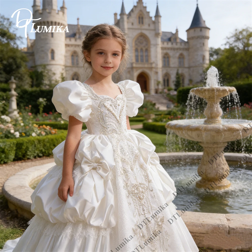 

DTLumika Luxury Wedding Dress for Kids, Wedding Party Flower Girls Dresses with Princess Puff Sleeves Beads Pearls Formal Gown