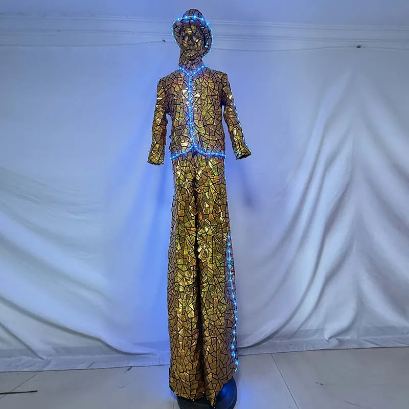 

Stage Performance Glowing Robot Costume LED Stilts Walker with Reflective Sequin Fabric