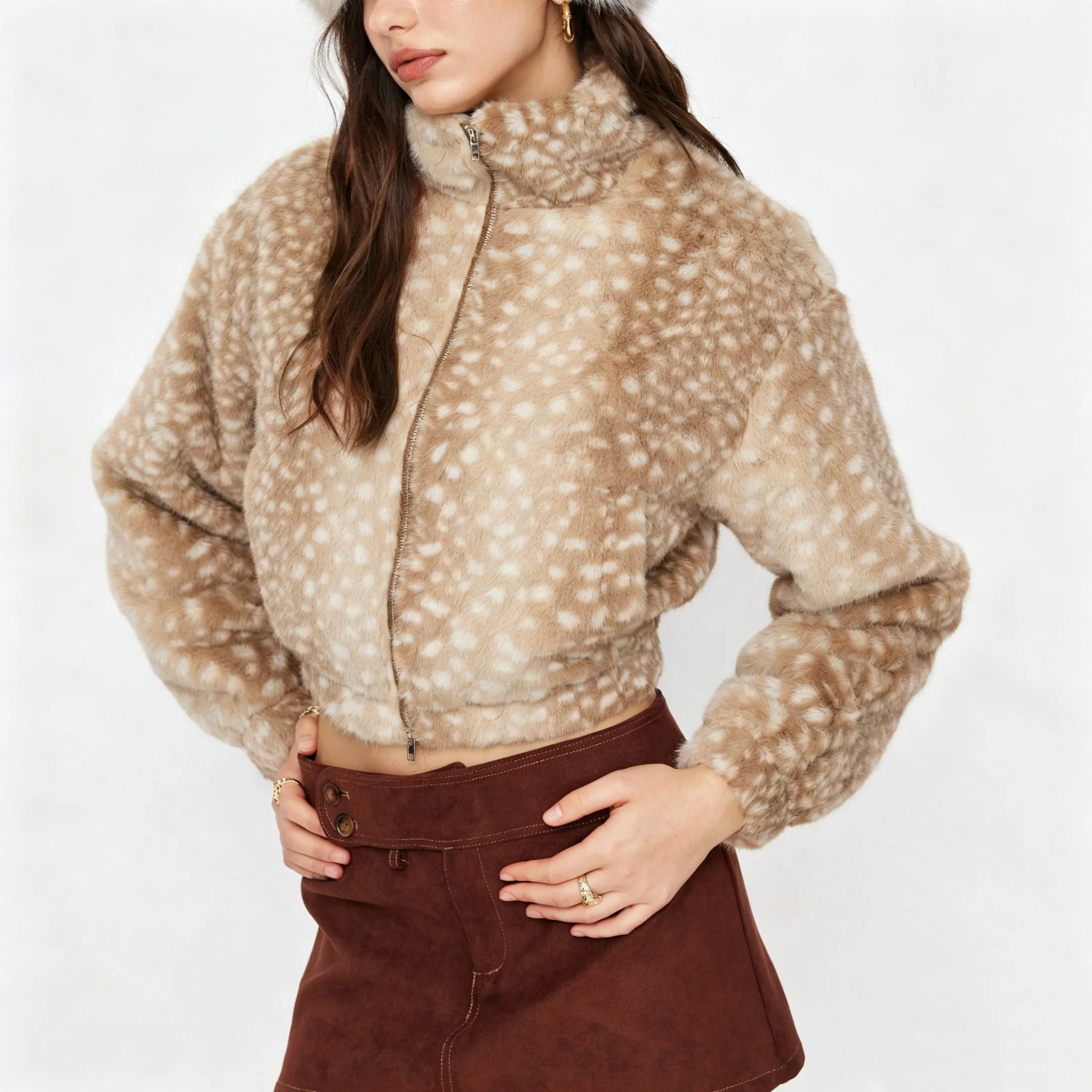 RU Faux Fur Cropped Jacket Autumn Winter Stand Collar Full Zipper Plush Coat Spotted Pattern Warm Short Outerwear For Daily Wear