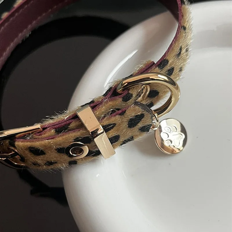 Leopard Pattern Small Dog Collar with Soft PU Leather Dog Metal Leash- Adjustable Comfort Fit Pet Collar for Wal view 5