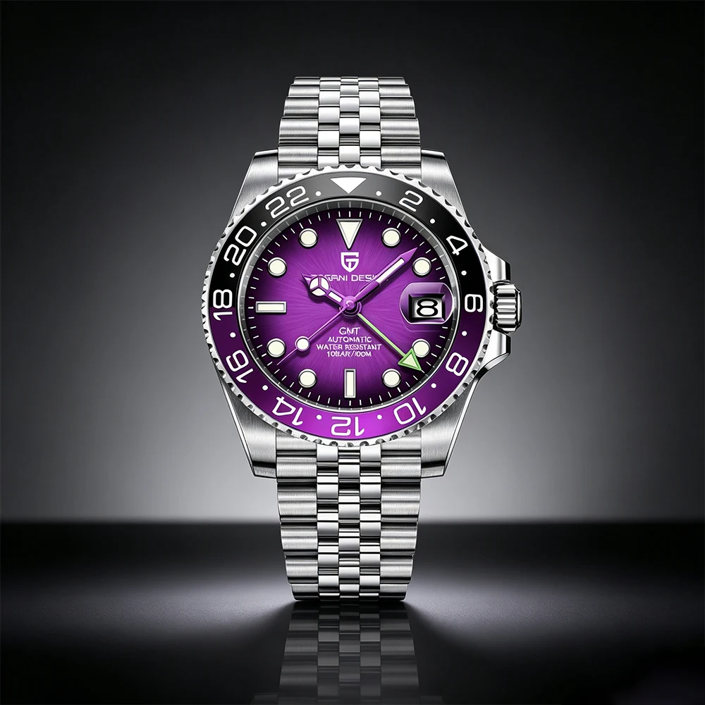 PAGANI DESIGN 2026 V2 Edition 40MM Black Purple Luxury GMT Mechanical Watch Jubilee Strap Sapphire Glass Stainless Steel Waterproof Watch for Men Gift