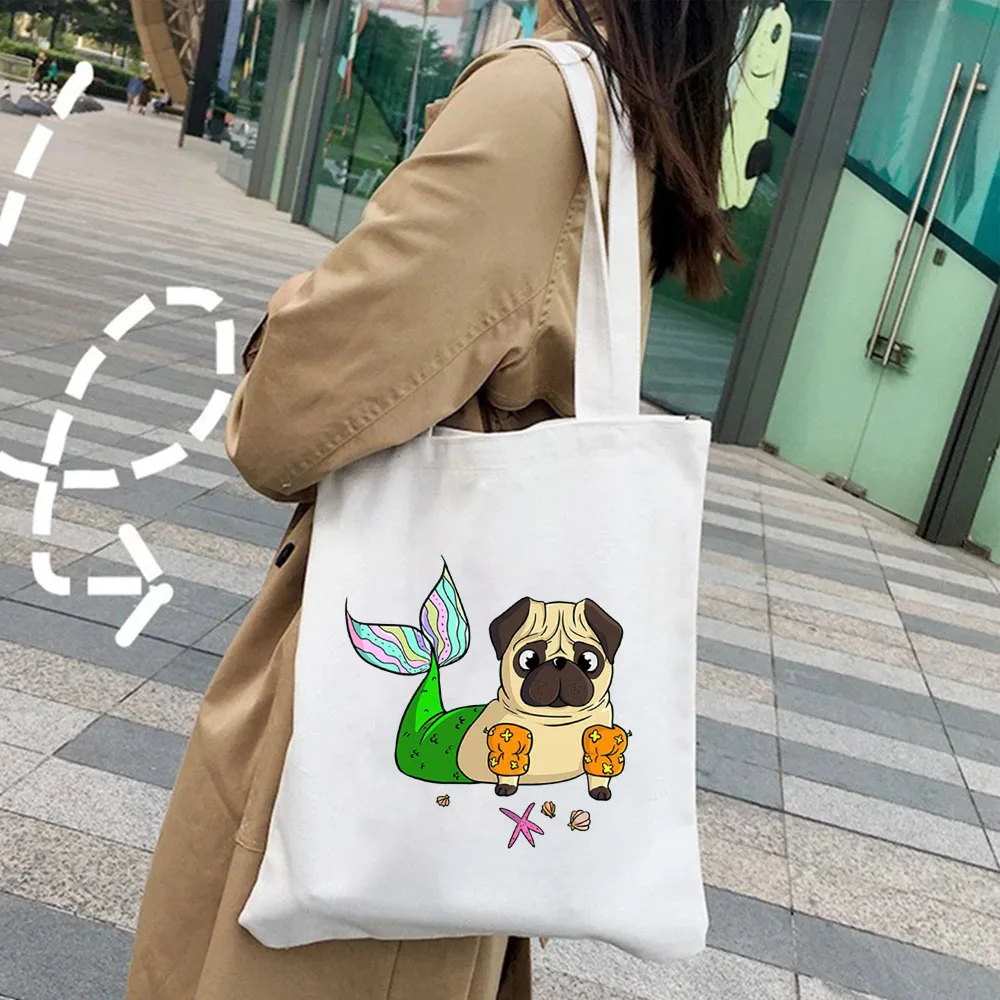 parodia lindo cachorro carlino perro Kawaii Animal mujer bolso de lona de hombro Harajuku Shopper moda Casual verano Tote Shopper Bags