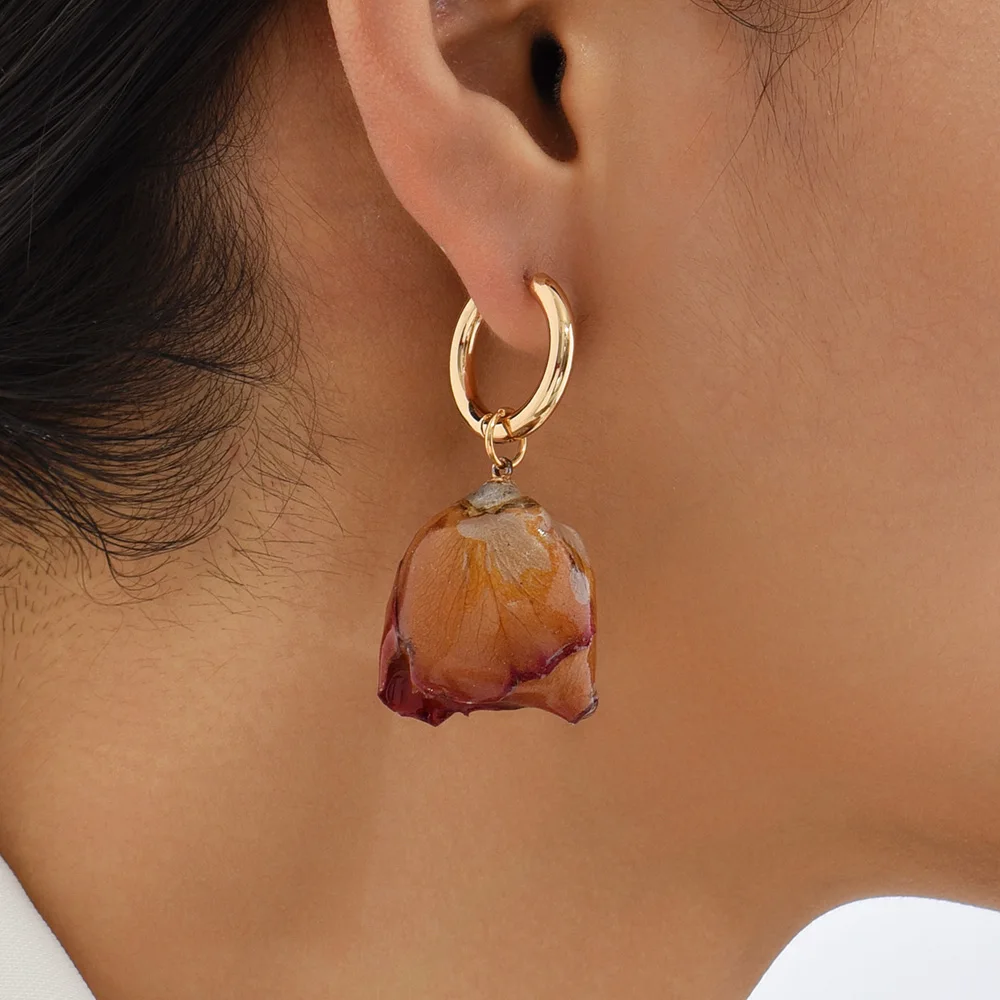 

New Immortal Rose Flower Elegant Earrings for Women Epoxy Resin Natural Flower Drop Earring Statement Jewelry