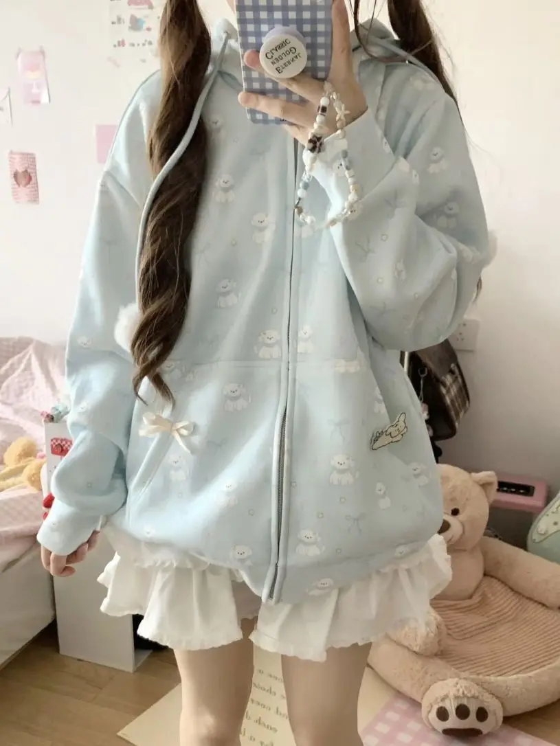 

Japan Cute Girly Milk Blue Thickened Cardigan Puppy Print Hooded Velvet Sweatshirt Jacket For Women Winter