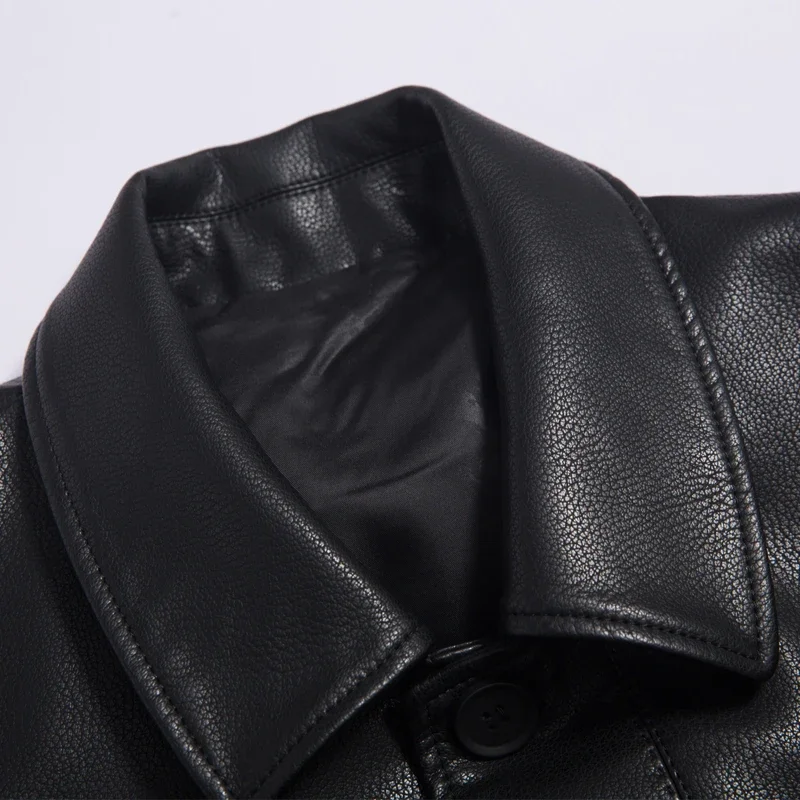 2026 New Men's Long Leather Trench Coat Autumn Winter High-End Business Casual Lapel Velvet Trim Fashionable Elegant Outerwear