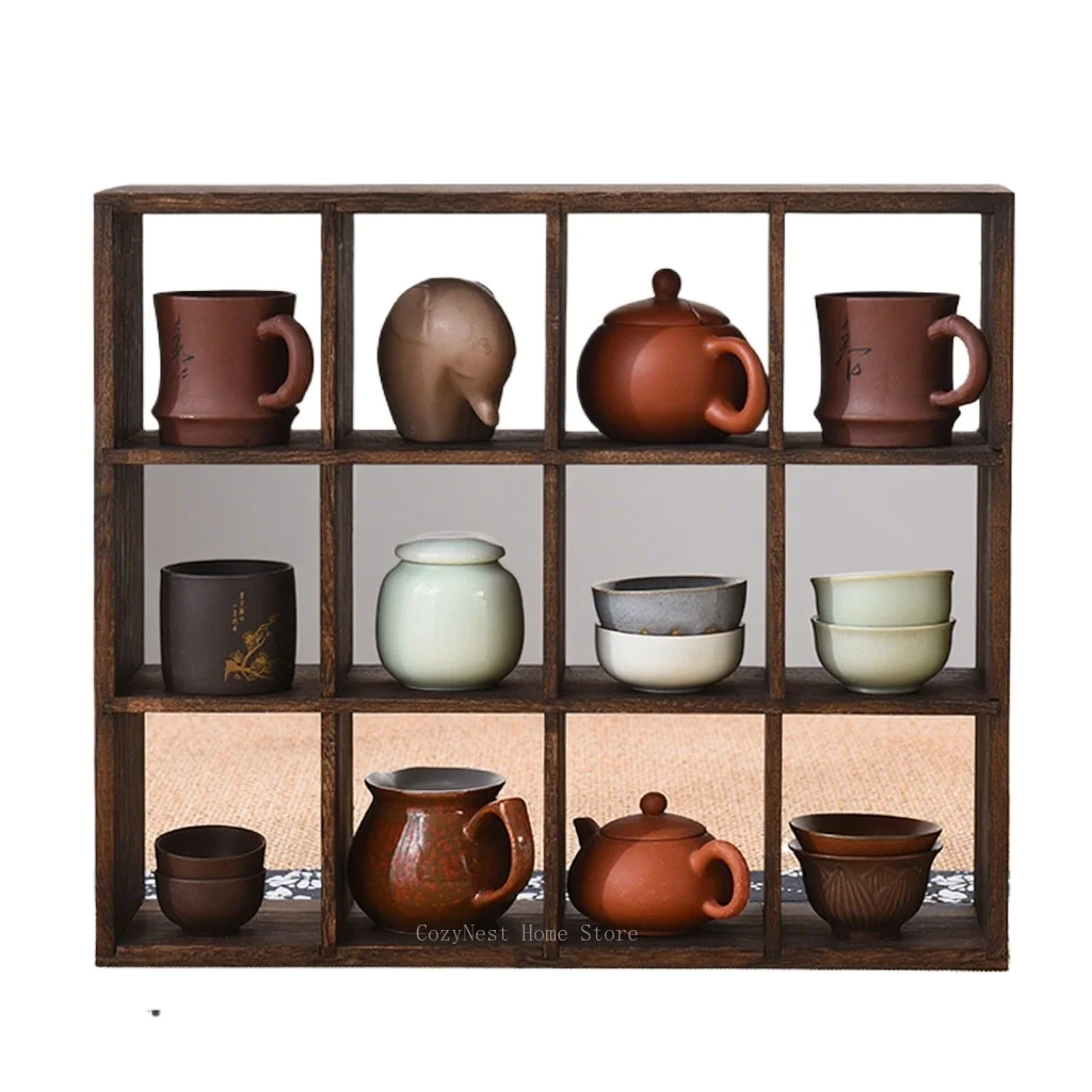 Solid wood lattice frame, teapot display stand, wall shelf, Bogu frame, wall-mounted baffle storage rack