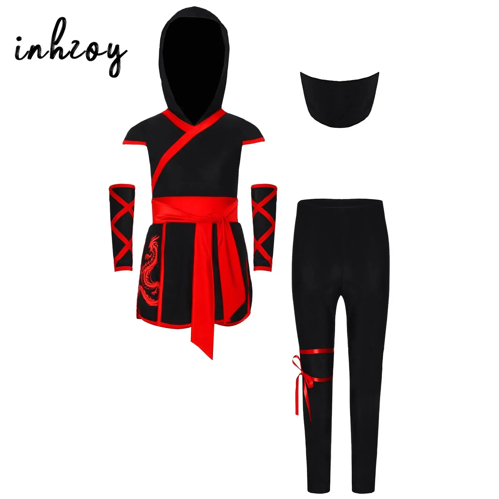 

Unisex Boys Girls Ninja Cosplay Costume Sleeveless Hoodie Tunic Top Leggings with Mask Japanese Anime Samurai 4 Pcs Outfit