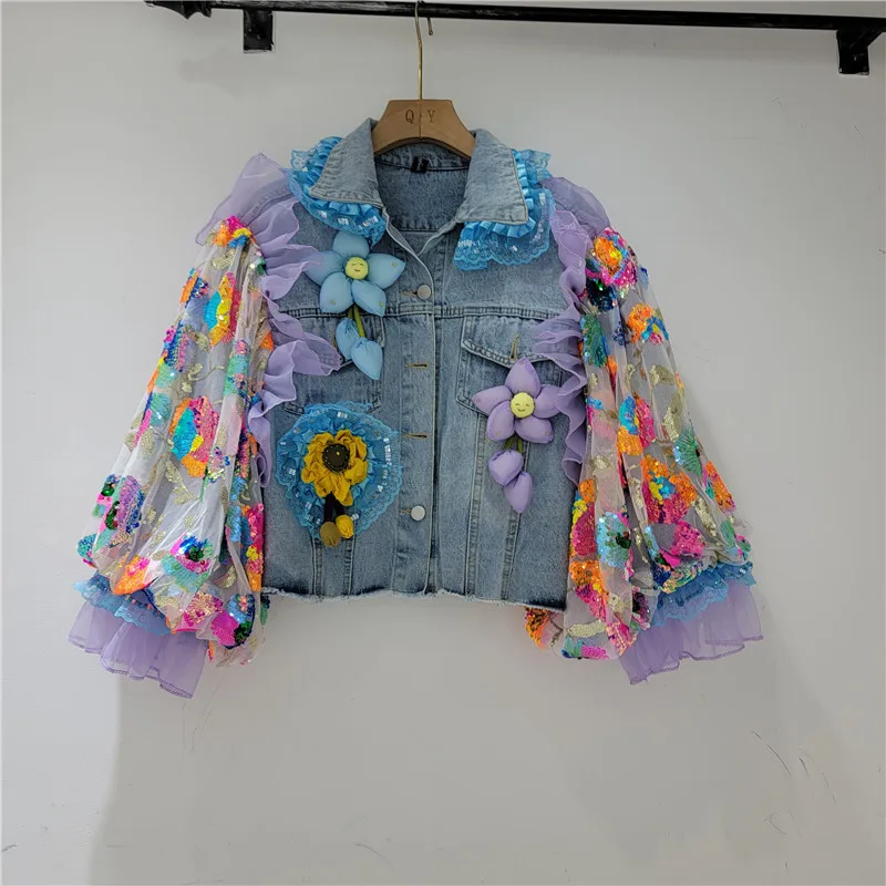 Autumn Mesh Sequins Embroidery Blue Frayed Edges Women Short Denim Jacket Three-dimensional Flower Long Sleeve Jeans Streetwear