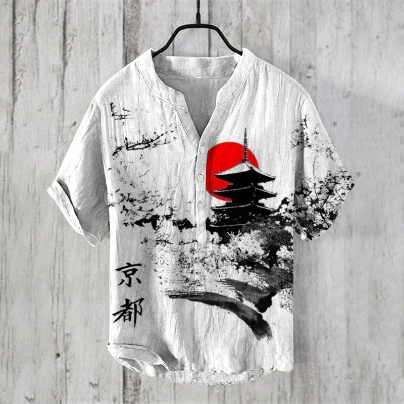 Summer Japanese-style art Print Vintage Henley Shirts Men\'s Casual Button-Down Short Sleeve v- neck Shirt Man Tees