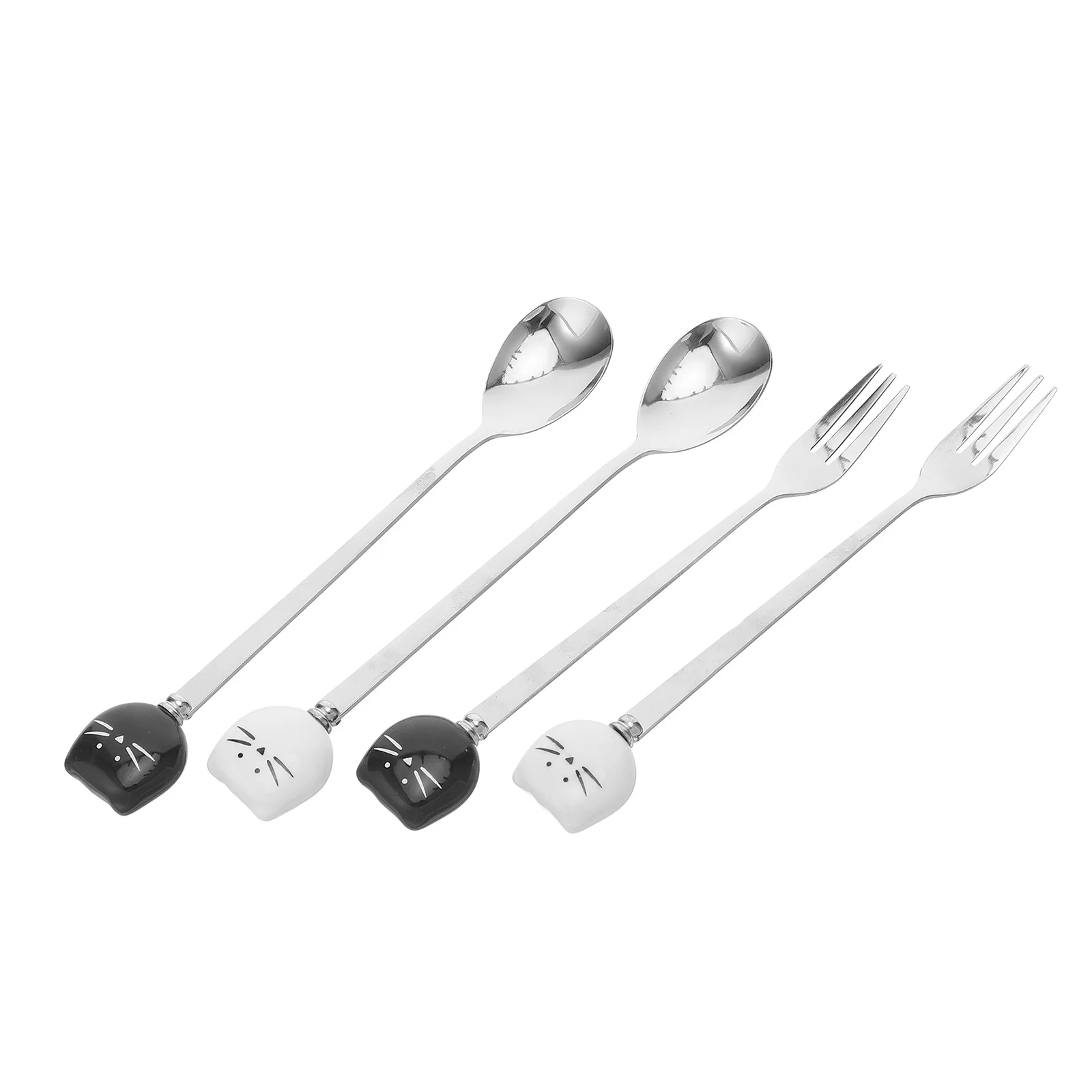 

4Pcs Ceramic Cat Coffee Spoon Set Stainless Steel Small Dessert Forks Novelty Tableware for Parties Gifts Fork for Fruit Cute