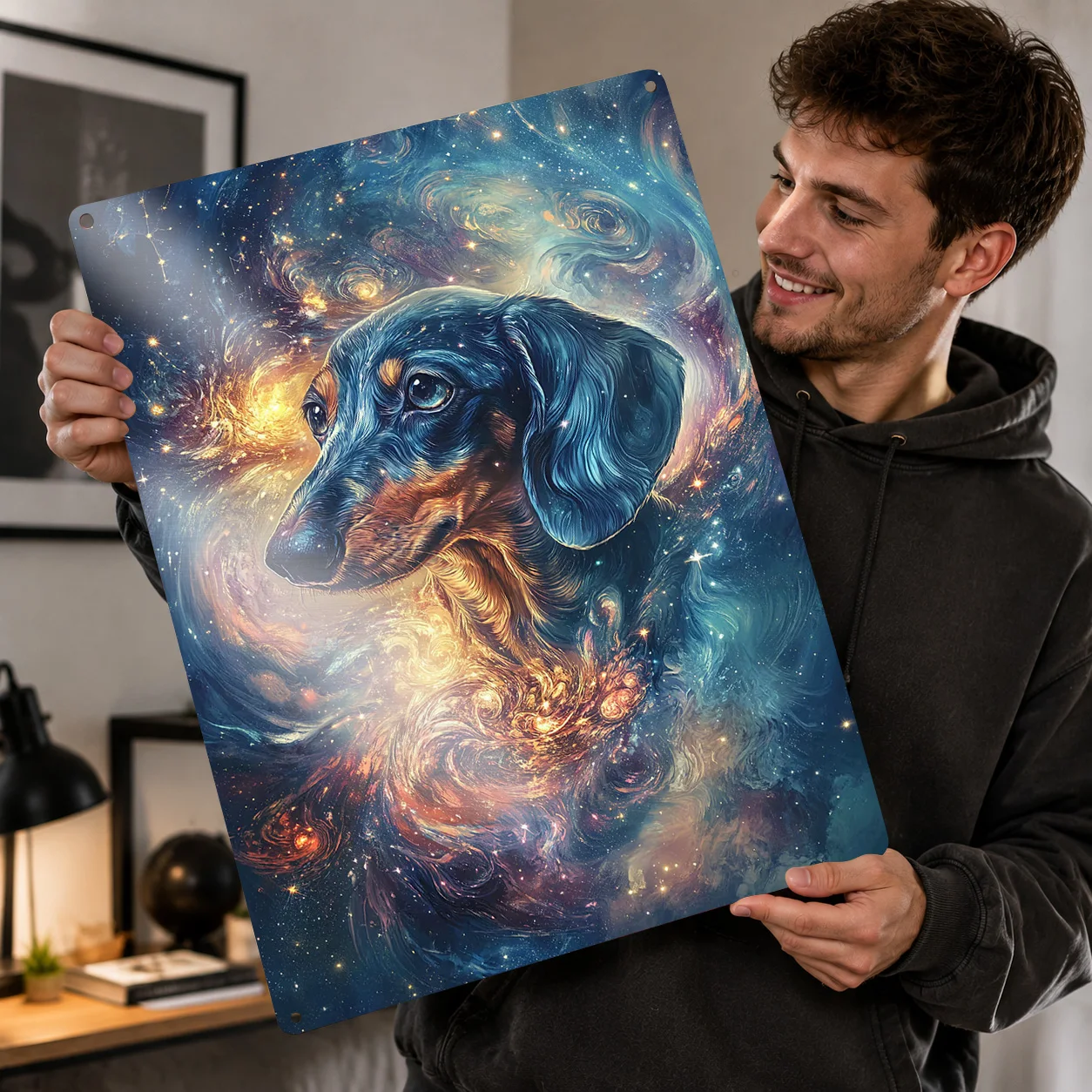 Cosmic Dachshund Space Sausage Dog Personalized 3D Textured Metal Poster Wall Art Vintage Tin Signs for Room Decoration Items