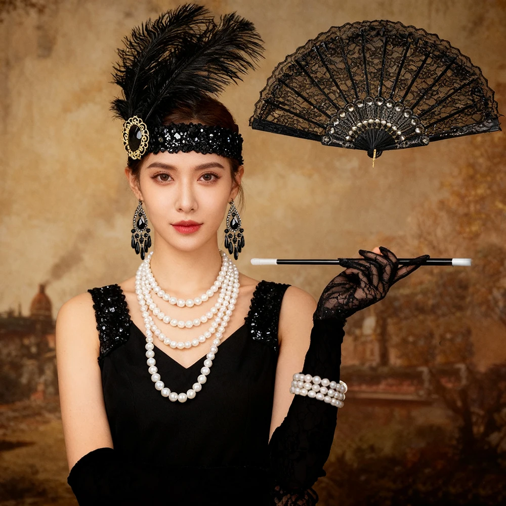 7 Piece Set Roaring 20s Flapper Costume Accessories Complete, Masquerade Dress Accessories, Vintage Hepburn Style