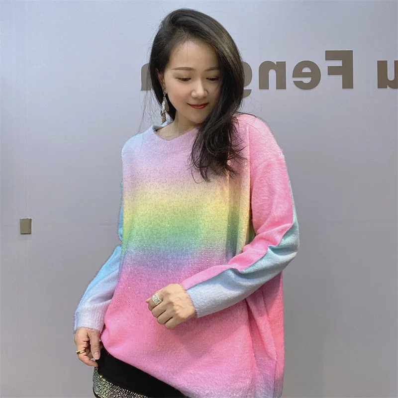 Women Diamond T-shirt Knitwear Pullover Top Female Long Sleeved Round Neck Rainbow Sweater Hot Diamond Knit Sweater