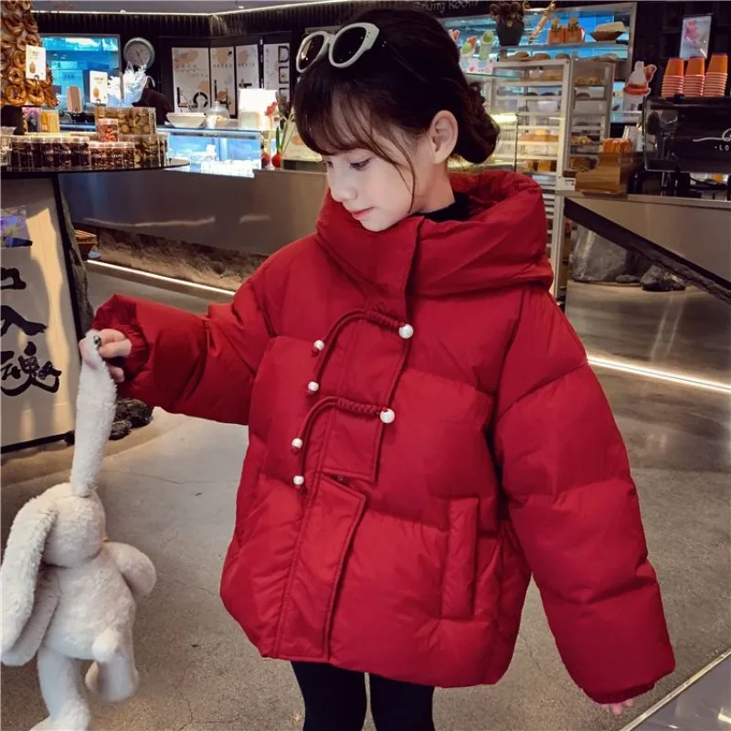 

Girls' New Chinese Style Princess Winter Coat Thickened Thermal Puffy Jacket for Kids, Warm Cotton for New Year's Festival Wear