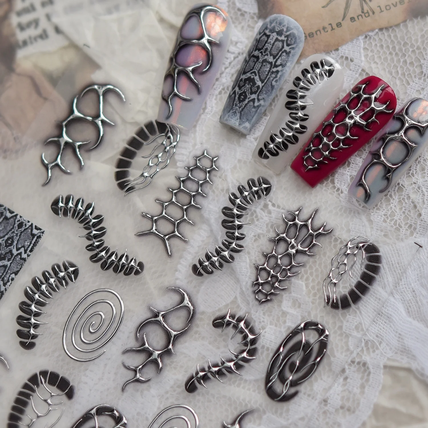 5D Dark Gothic Nail Sticker Metal Bone Snake Pattern Thorn Line Silver Outline Black Shadow Spiral Nail Decal Punk Cool Manicur view 4