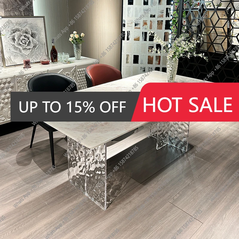 S Floating Pink Luxury Stone Table With Acrylic Base, French Cream Style Designer Dining Table, Heat & Stain Proof, Customizable