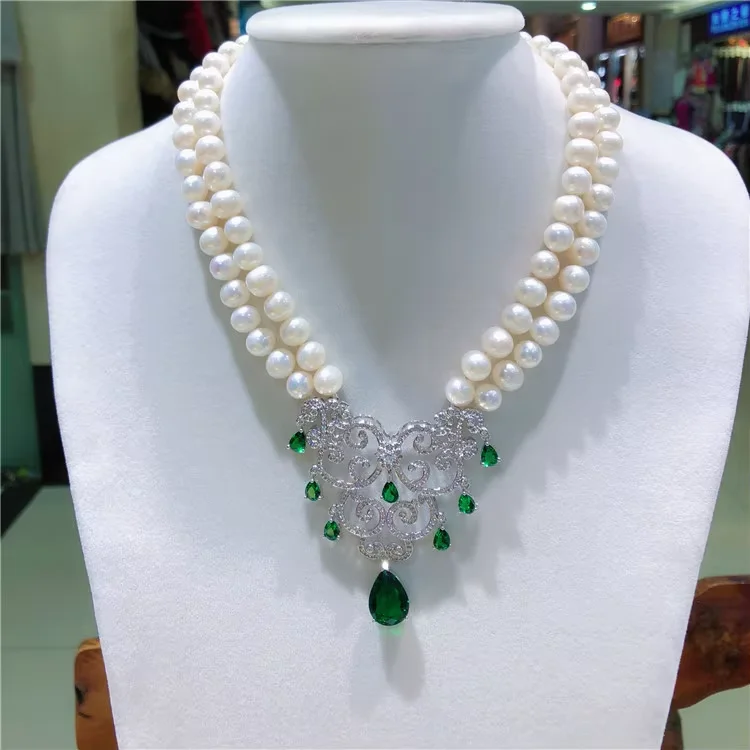 

Natural Stone 18-19" 2 Rows 8-9mm Round White Pearl Necklace Cubic Zirconia Pave Pendant