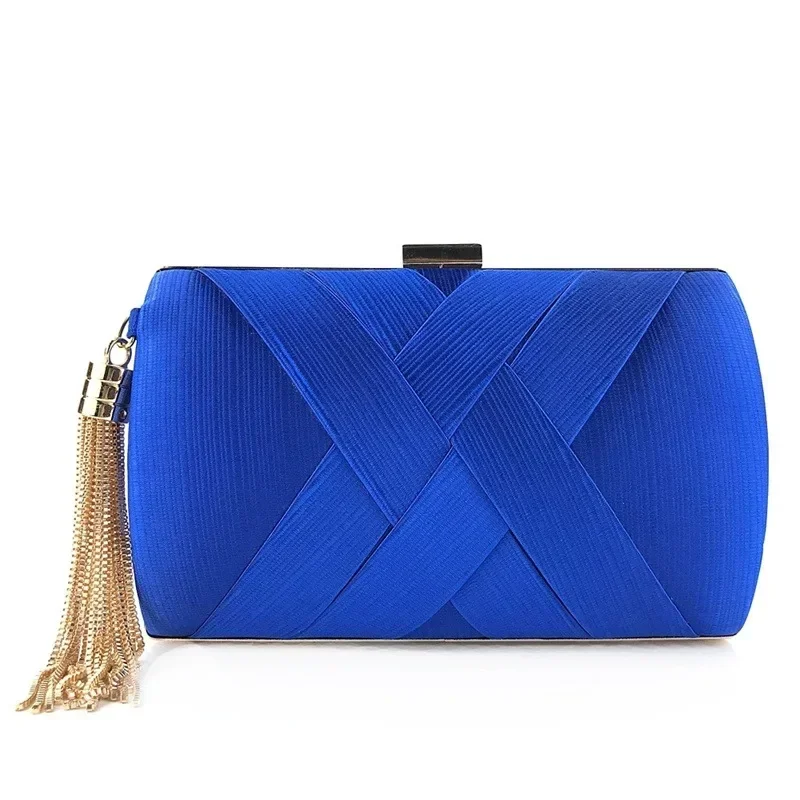 

Royal Blue Wedding Party Bags Women's Red Evening Handbags Tassel Woven Clutch Cylinder Criss-Cross Gold Purses for Ladies