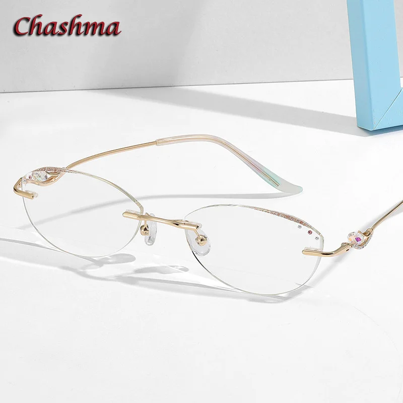 

Chashma Luxury Eyeglass Glitter Transparent Lenses Titanium Frame Women Rhinestone Optical Rimless Fashion Spectacles Female