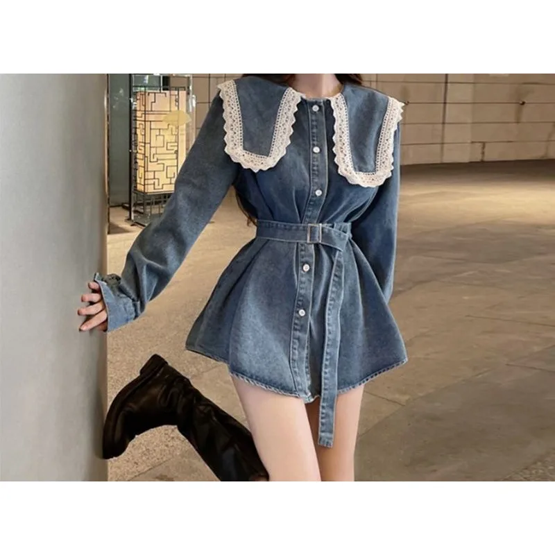 

Темпераментная кружевная рубашка, джинсовое платье, женская весенне-осенняя тонкая юбка