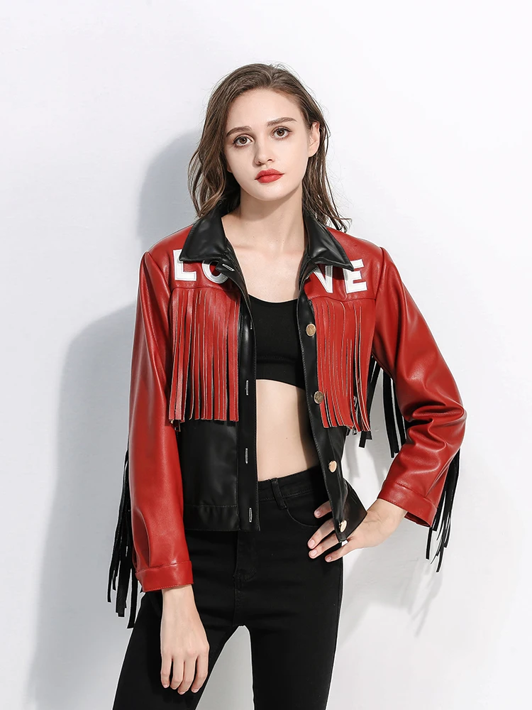 Slim Women Red White Contast Faux Leather Jacket Spring Autumn Fashion Streetwear High Waist Patchwork Motorcycle Coat