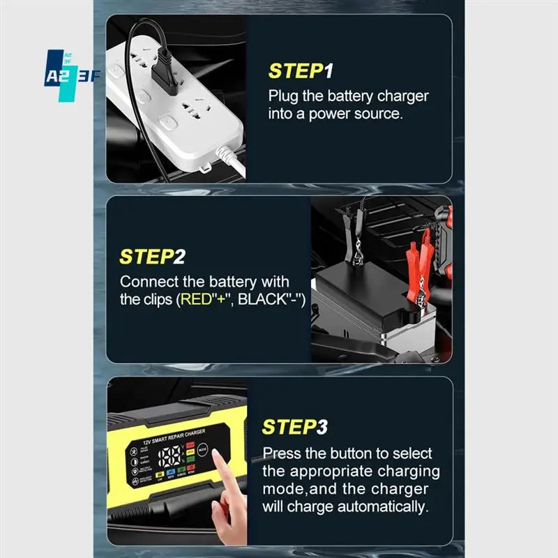 

A23F-12V 6A Smart Repair Charger Pulse Repair LED Display Smart Fast Charge Lead-Acid Charger For Car Auto Motorcycle